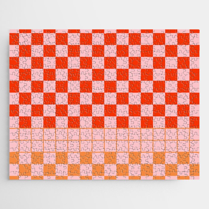 Checkered Triplet Mixed Check Pattern in Orange and Pink Tones Jigsaw Puzzle Gallery Image 1