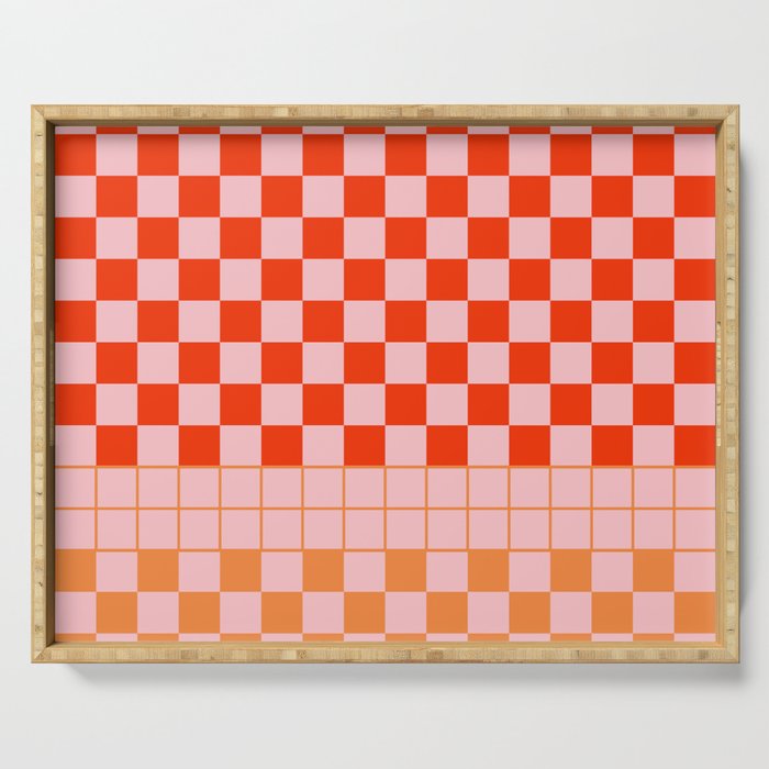 Checkered Triplet Mixed Check Pattern in Orange and Pink Tones Serving Tray Gallery Image 1
