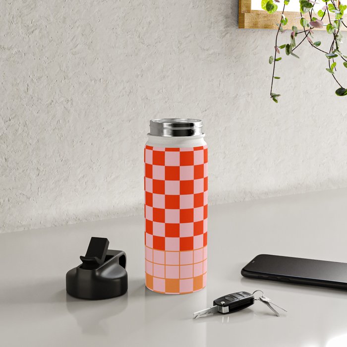 Checkered Triplet Mixed Check Pattern in Orange and Pink Tones Water Bottle Gallery Image 4