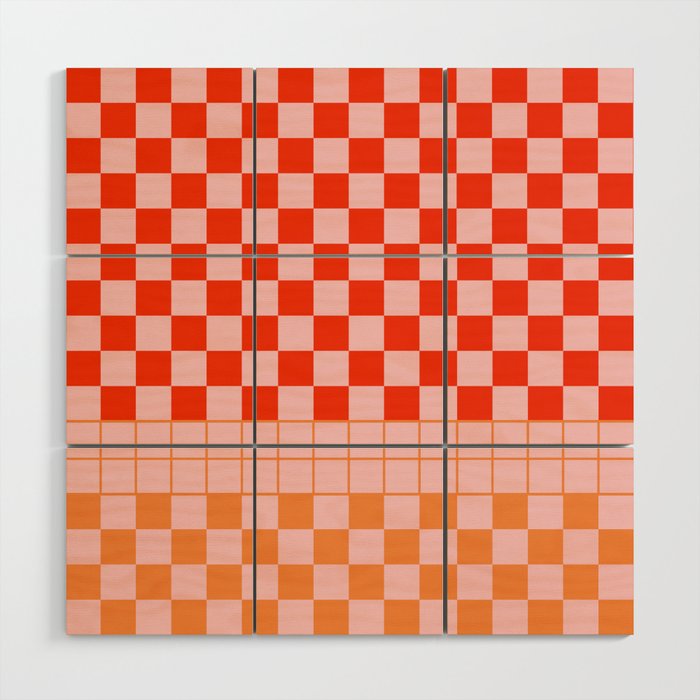 Checkered Triplet Mixed Check Pattern in Orange and Pink Tones Wood Wall Art Gallery Image 1