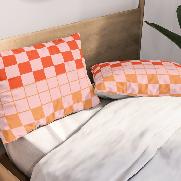 Checkered Triplet Mixed Check Pattern in Orange and Pink Tones Pillow Sham Gallery Image 2