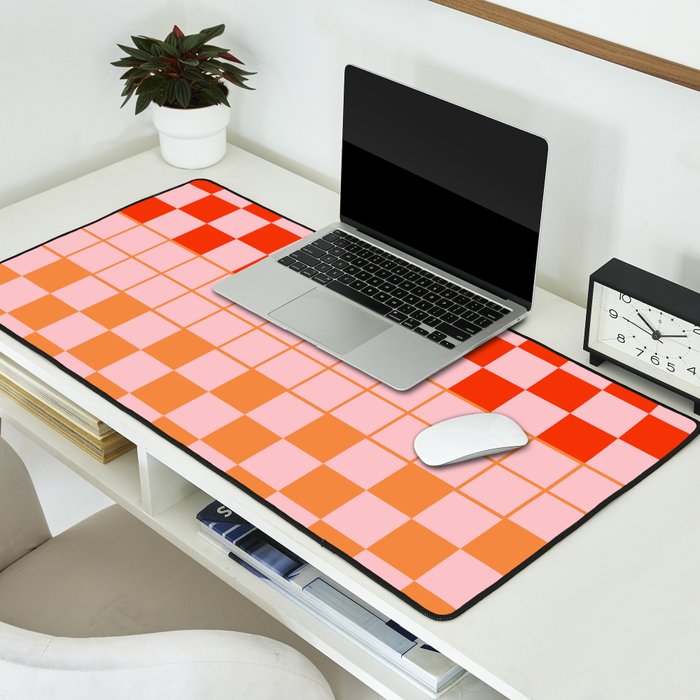 Checkered Triplet Mixed Check Pattern in Orange and Pink Tones Desk Mat Gallery Image 2