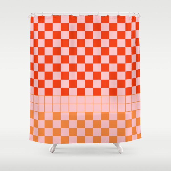 Checkered Triplet Mixed Check Pattern in Orange and Pink Tones Shower Curtain Gallery Image 1