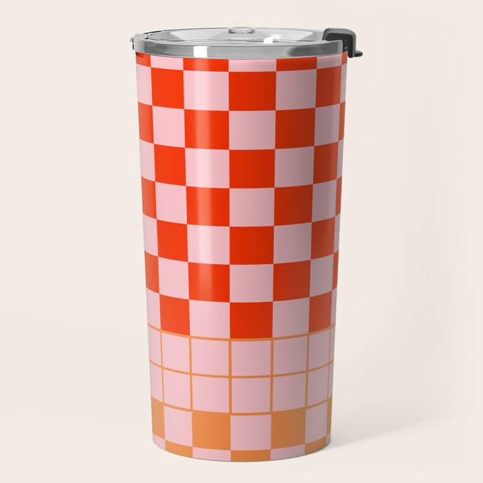 Checkered Triplet Mixed Check Pattern in Orange and Pink Tones Travel Mug Gallery Image 2