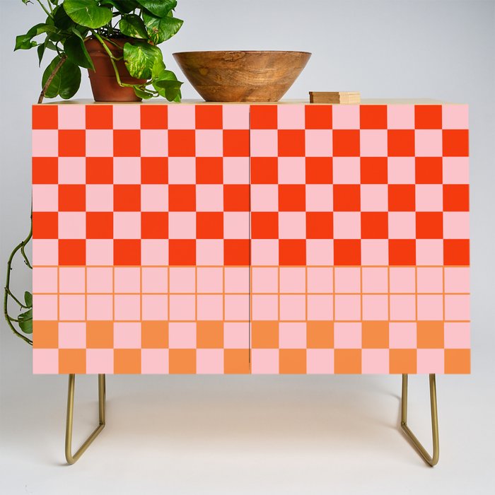 Checkered Triplet Mixed Check Pattern in Orange and Pink Tones Credenza Gallery Image 1
