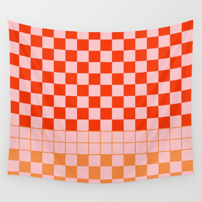 Checkered Triplet Mixed Check Pattern in Orange and Pink Tones Wall Tapestry Gallery Image 4