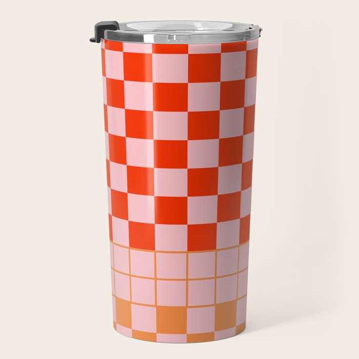 Checkered Triplet Mixed Check Pattern in Orange and Pink Tones Travel Mug Gallery Image 3