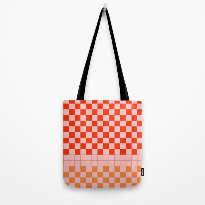 Checkered Triplet Mixed Check Pattern in Orange and Pink Tones Tote Bag Gallery Image 2