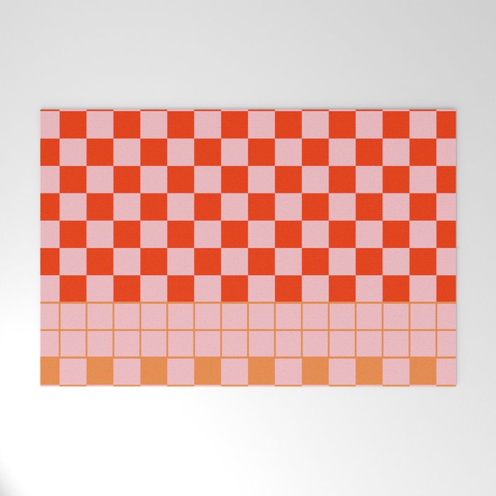 Checkered Triplet Mixed Check Pattern in Orange and Pink Tones Welcome Mat Gallery Image 1