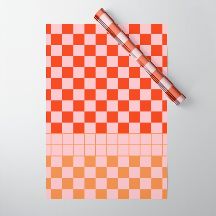 Checkered Triplet Mixed Check Pattern in Orange and Pink Tones Wrapping Paper Gallery Image 1