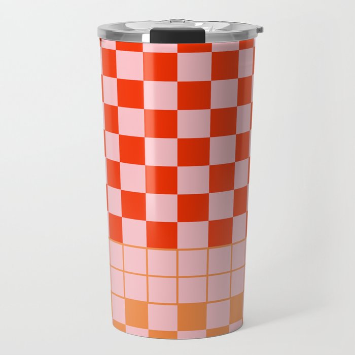 Checkered Triplet Mixed Check Pattern in Orange and Pink Tones Travel Mug Gallery Image 1
