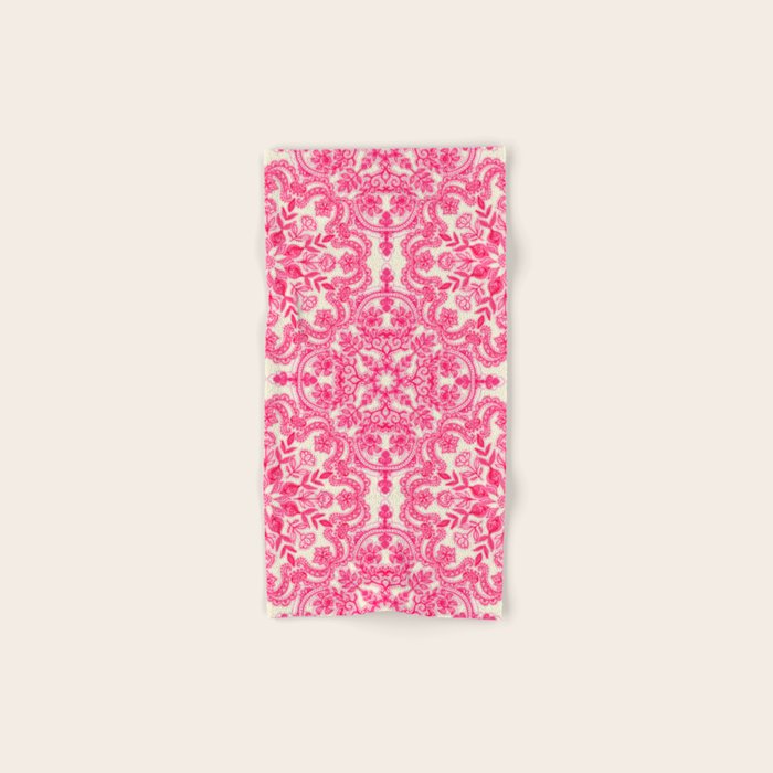 Hot Pink & Soft Cream Folk Art Pattern Bath Towel Gallery Image 1