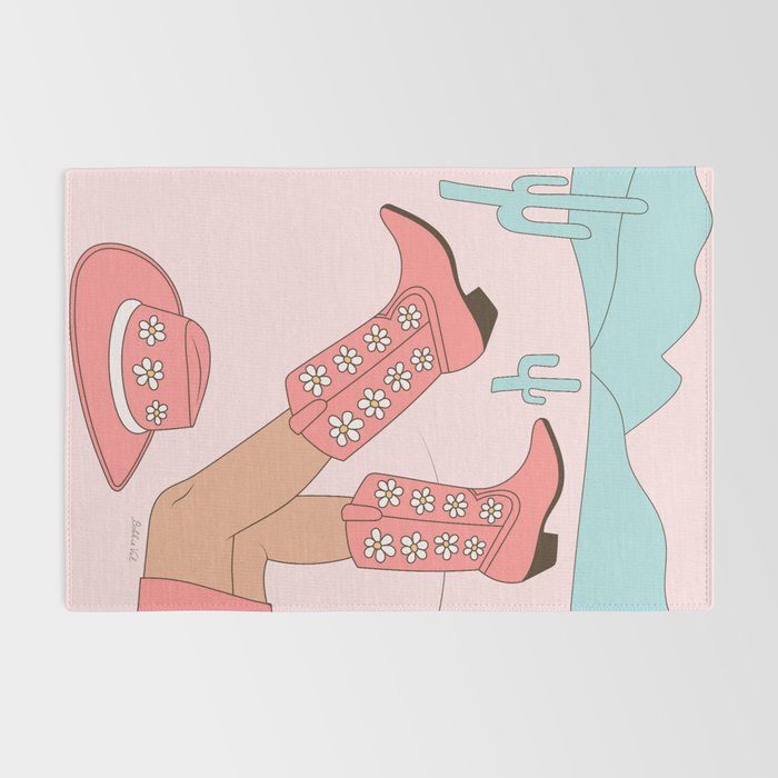 Cute Desert Cowgirl Pink Cowboy Boots Daisy Rug Gallery Image 2