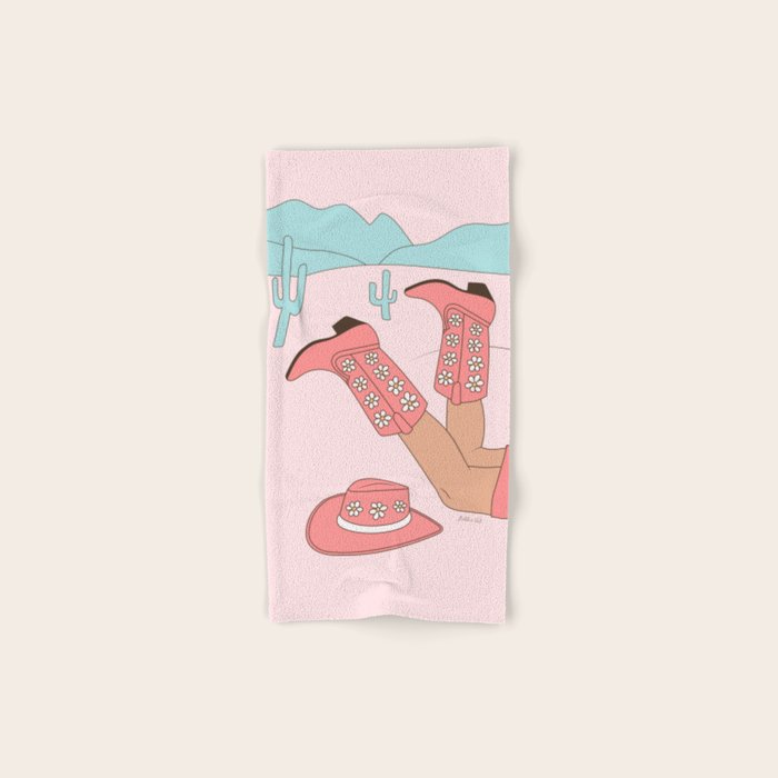 Cute Desert Cowgirl Pink Cowboy Boots Daisy Bath Towel Gallery Image 1