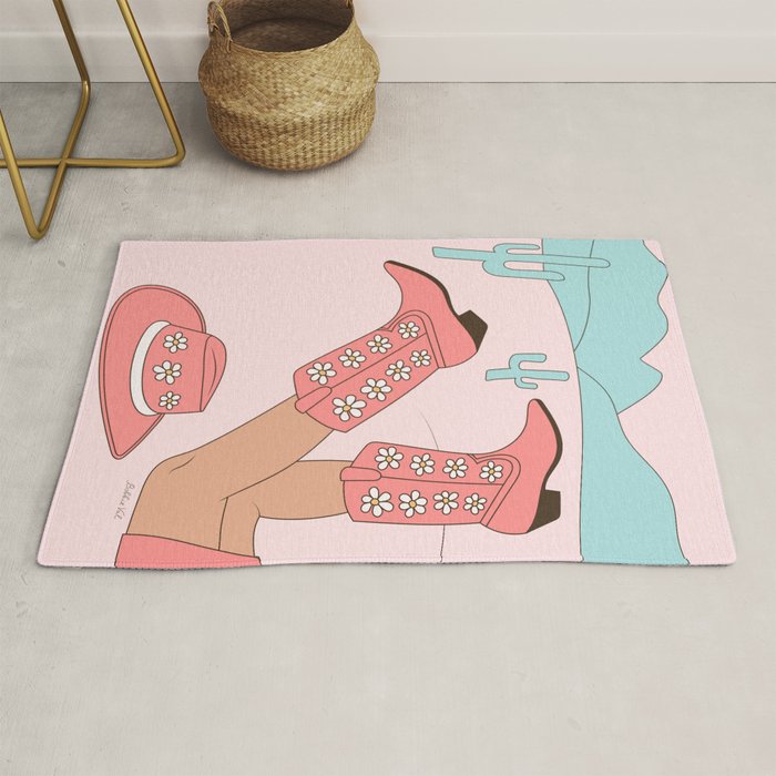 Cute Desert Cowgirl Pink Cowboy Boots Daisy Rug Gallery Image 1