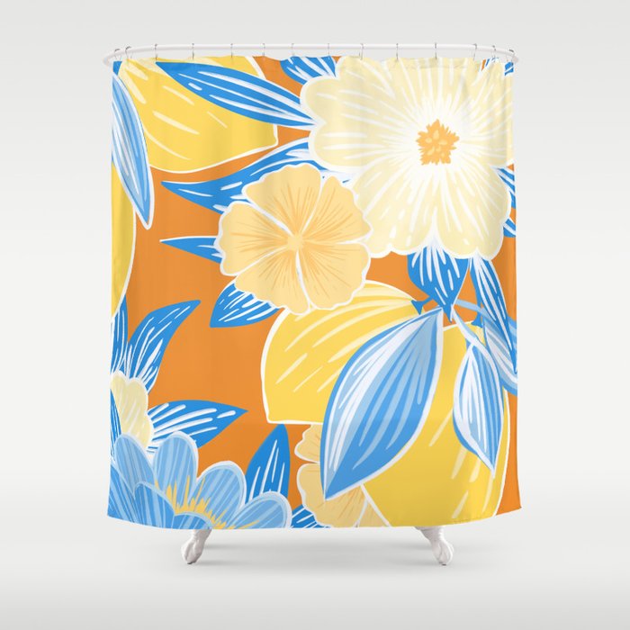 Bright Lemon Floral - Botanical Painting Shower Curtain Gallery Image 1