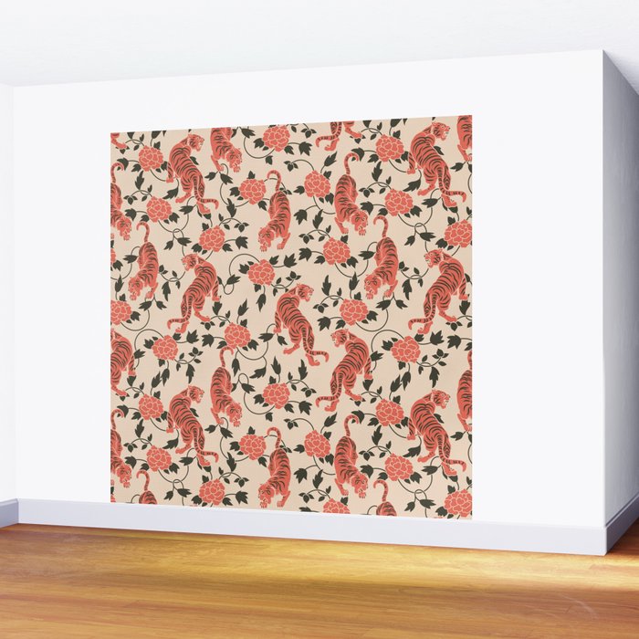 Chinese Tigers Retro Floral Pattern Wall Mural Gallery Image 2