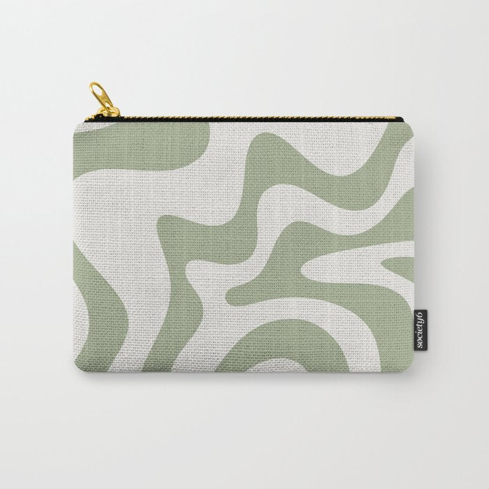 Retro Liquid Swirl Abstract Pattern Square Sage Green and Nearly White Carry All Pouch Gallery Image 1