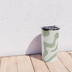 Retro Liquid Swirl Abstract Pattern Square Sage Green and Nearly White Travel Mug Gallery Image 4