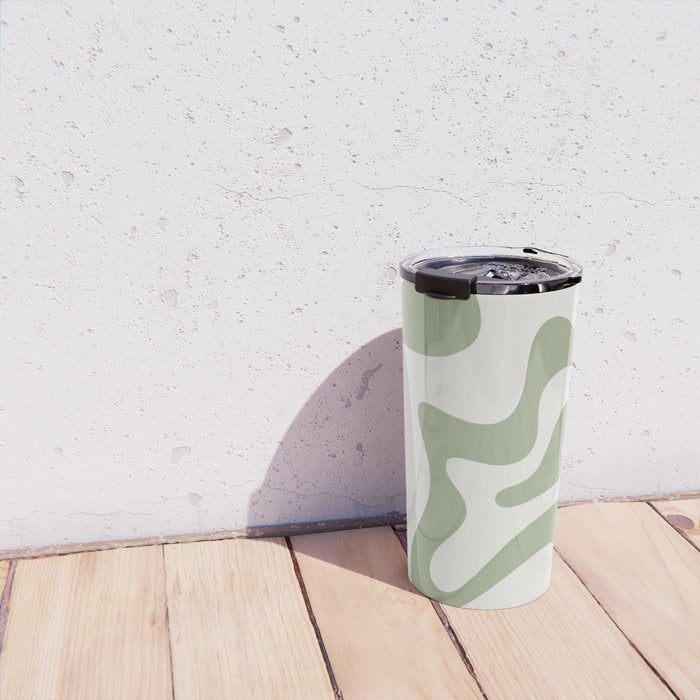 Retro Liquid Swirl Abstract Pattern Square Sage Green and Nearly White Travel Mug Gallery Image 4