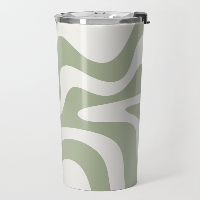 Retro Liquid Swirl Abstract Pattern Square Sage Green and Nearly White Travel Mug Gallery Image 2