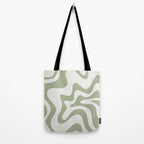 Retro Liquid Swirl Abstract Pattern Square Sage Green and Nearly White Tote Bag Gallery Image 2