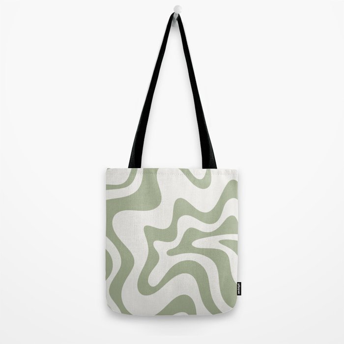 Retro Liquid Swirl Abstract Pattern Square Sage Green and Nearly White Tote Bag Gallery Image 2