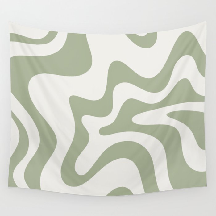 Retro Liquid Swirl Abstract Pattern Square Sage Green and Nearly White Wall Tapestry Gallery Image 4