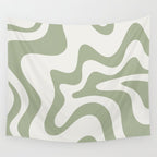 Retro Liquid Swirl Abstract Pattern Square Sage Green and Nearly White Wall Tapestry Gallery Image 4