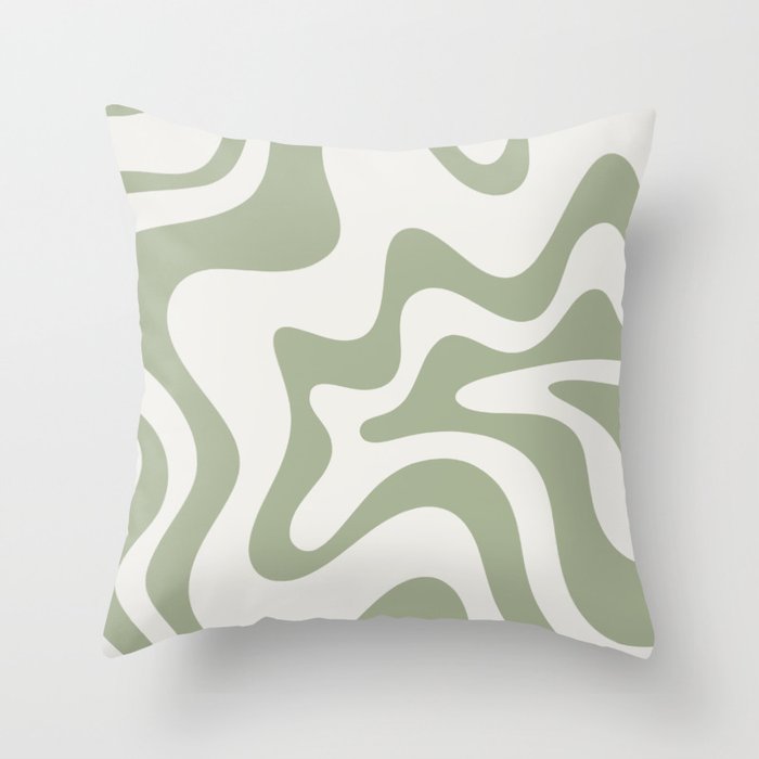 Retro Liquid Swirl Abstract Pattern Square Sage Green and Nearly White Throw Pillow Gallery Image 1