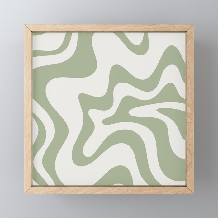 Retro Liquid Swirl Abstract Pattern Square Sage Green and Nearly White Mini Art Print Gallery Image 1