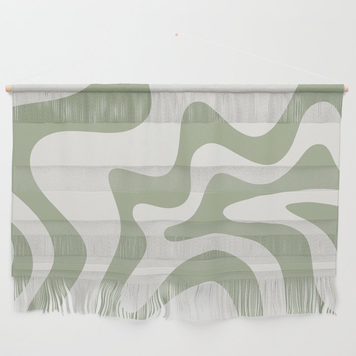 Retro Liquid Swirl Abstract Pattern Square Sage Green and Nearly White Wall Hanging Gallery Image 1