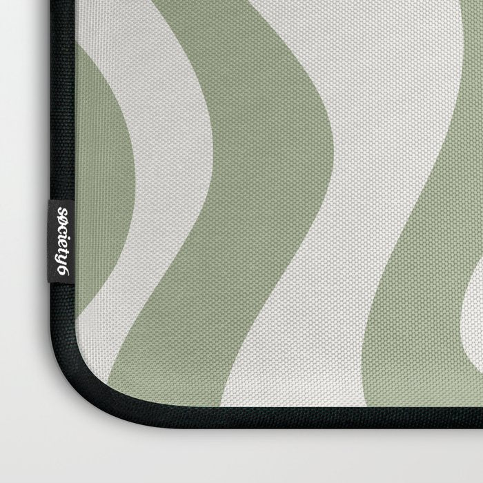 Retro Liquid Swirl Abstract Pattern Square Sage Green and Nearly White Laptop Sleeve Gallery Image 3