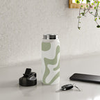 Retro Liquid Swirl Abstract Pattern Square Sage Green and Nearly White Water Bottle Gallery Image 4