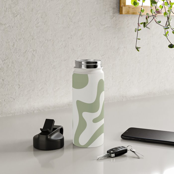 Retro Liquid Swirl Abstract Pattern Square Sage Green and Nearly White Water Bottle Gallery Image 4