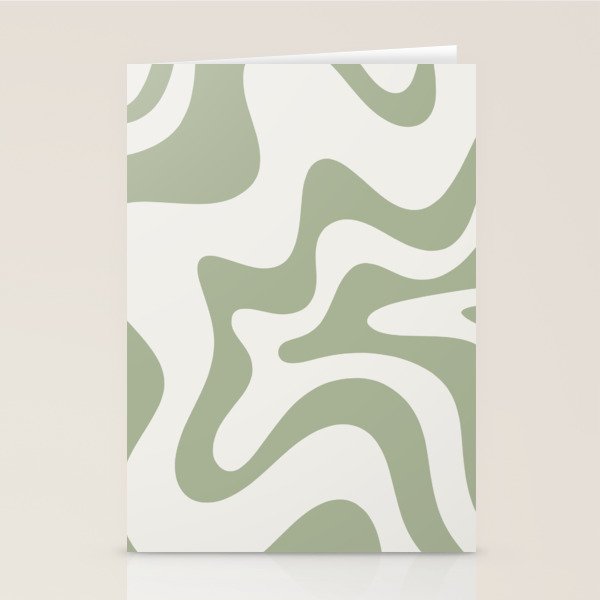 Retro Liquid Swirl Abstract Pattern Square Sage Green and Nearly White Stationery Card Gallery Image 1