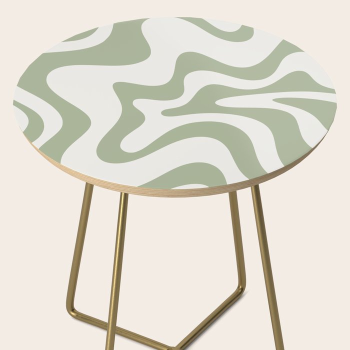 Retro Liquid Swirl Abstract Pattern Square Sage Green and Nearly White Side Table Gallery Image 2