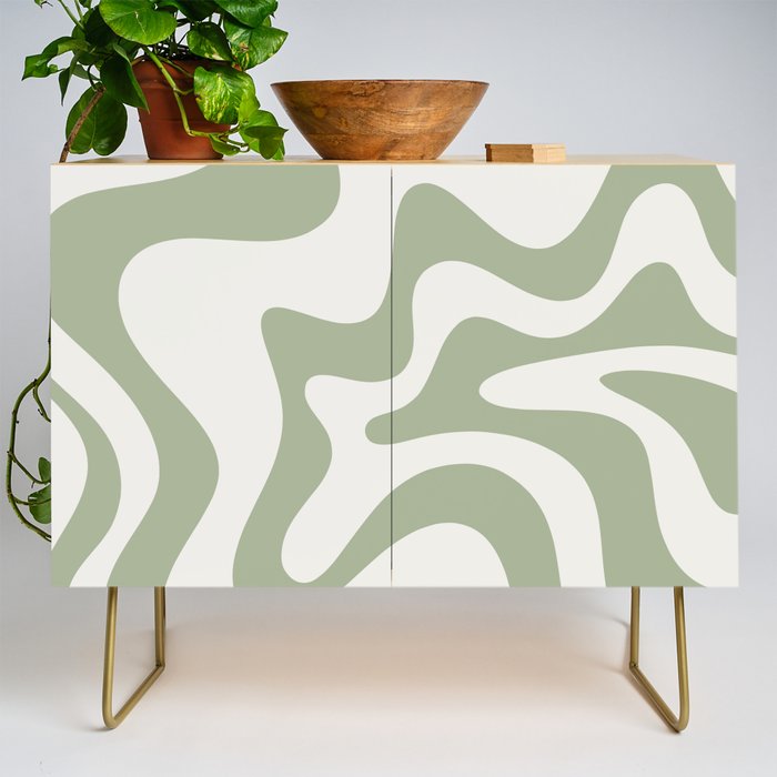 Retro Liquid Swirl Abstract Pattern Square Sage Green and Nearly White Credenza Gallery Image 1