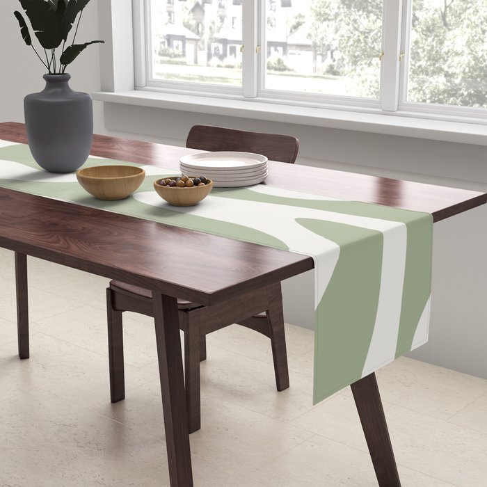 Retro Liquid Swirl Abstract Pattern Square Sage Green and Nearly White Table Runner Gallery Image 2