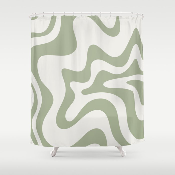 Retro Liquid Swirl Abstract Pattern Square Sage Green and Nearly White Shower Curtain Gallery Image 1