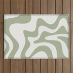 Retro Liquid Swirl Abstract Pattern Square Sage Green and Nearly White Outdoor Rug Gallery Image 1