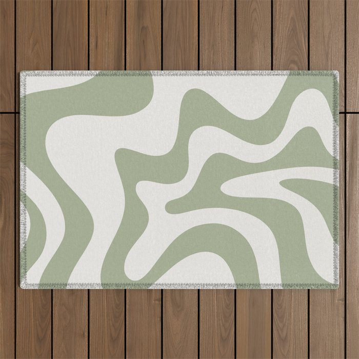Retro Liquid Swirl Abstract Pattern Square Sage Green and Nearly White Outdoor Rug Gallery Image 1