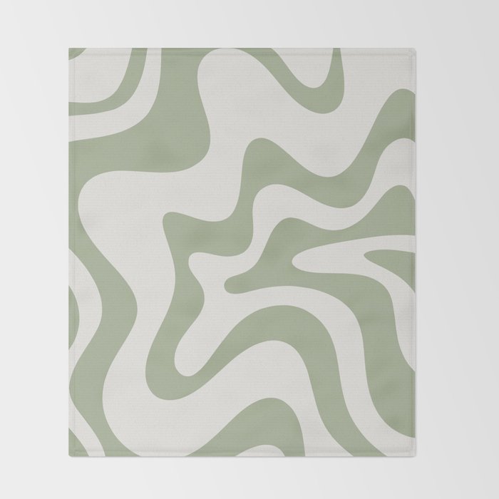 Retro Liquid Swirl Abstract Pattern Square Sage Green and Nearly White Throw Blanket Gallery Image 2