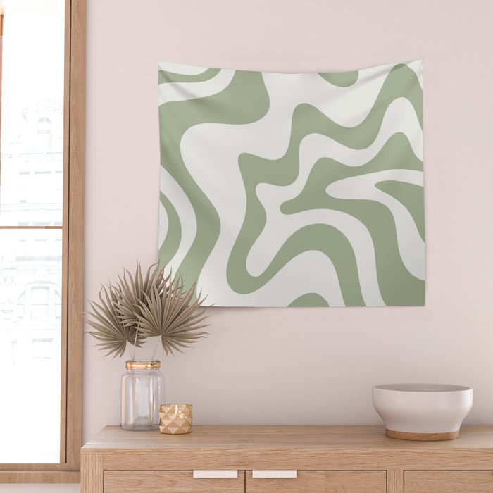 Retro Liquid Swirl Abstract Pattern Square Sage Green and Nearly White Wall Tapestry Gallery Image 2