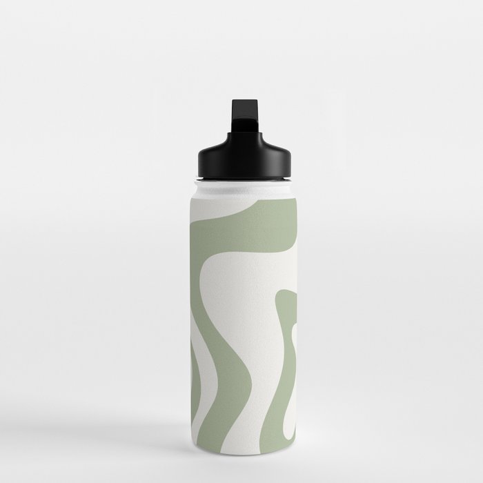 Retro Liquid Swirl Abstract Pattern Square Sage Green and Nearly White Water Bottle Gallery Image 3