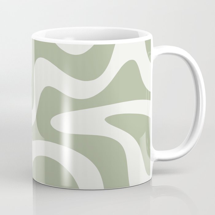 Retro Liquid Swirl Abstract Pattern Square Sage Green and Nearly White Coffee Mug Gallery Image 1