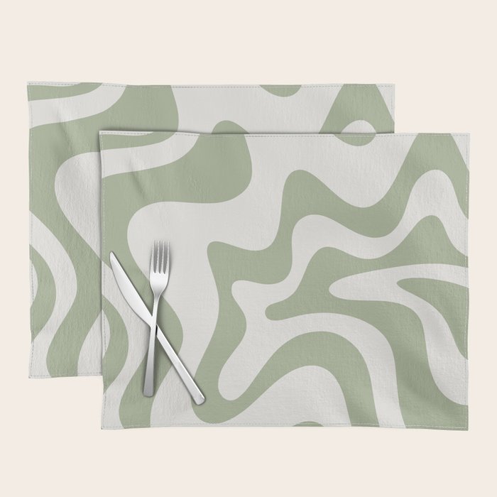 Retro Liquid Swirl Abstract Pattern Square Sage Green and Nearly White Placemat Gallery Image 1