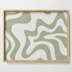 Retro Liquid Swirl Abstract Pattern Square Sage Green and Nearly White Serving Tray Gallery Image 1