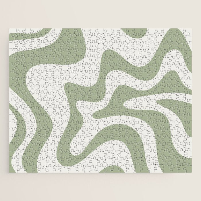 Retro Liquid Swirl Abstract Pattern Square Sage Green and Nearly White Jigsaw Puzzle Gallery Image 1