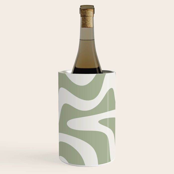 Retro Liquid Swirl Abstract Pattern Square Sage Green and Nearly White Wine Chiller Gallery Image 3